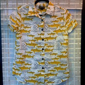 VERY RARE! Nooworks Sharks Joyce Top Lorien Stern Button Up Quirky Top Sz Small
